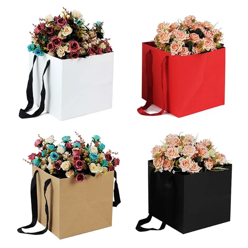 Sacs cadeaux en papier Kraft blanc avec poignée, emballage carré à emporter pour gâteau aux fleurs en pot, pour cadeaux d'affaires et de mariage, 10 pièces