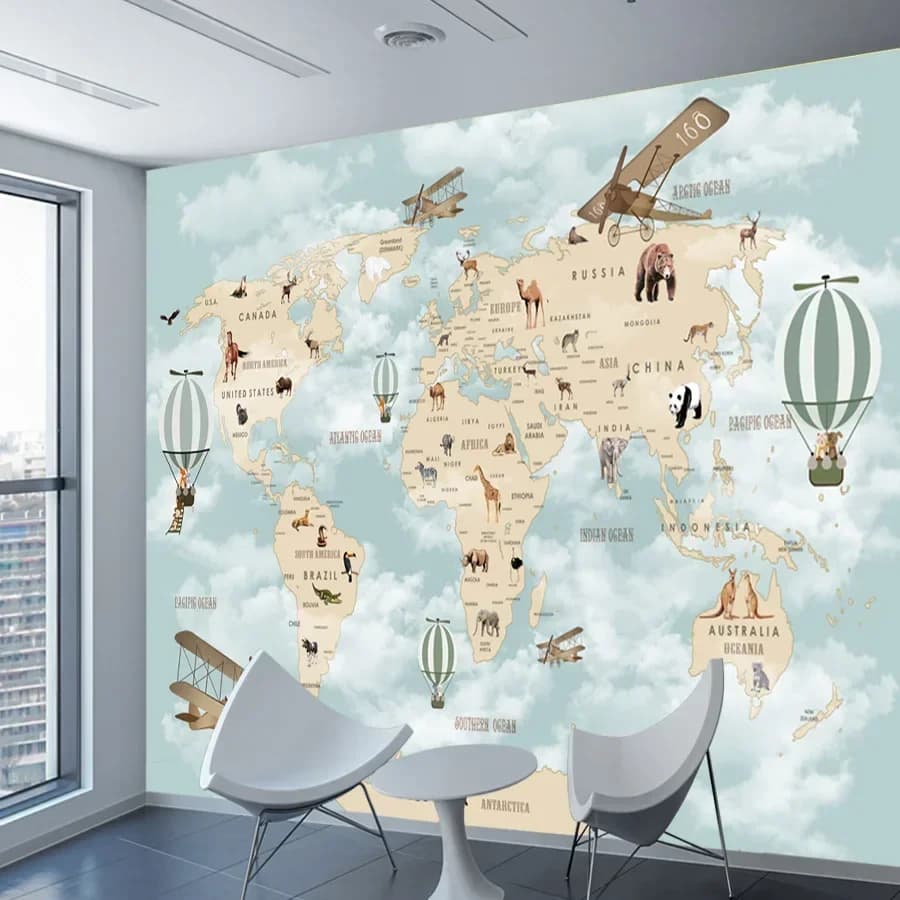 Papiers peints adhésifs pour la décoration intérieure, art mural, papiers peints à peler et à coller pour le salon, carte du monde de dessin animé, ballons, chambre d'enfant, murales pour bébés