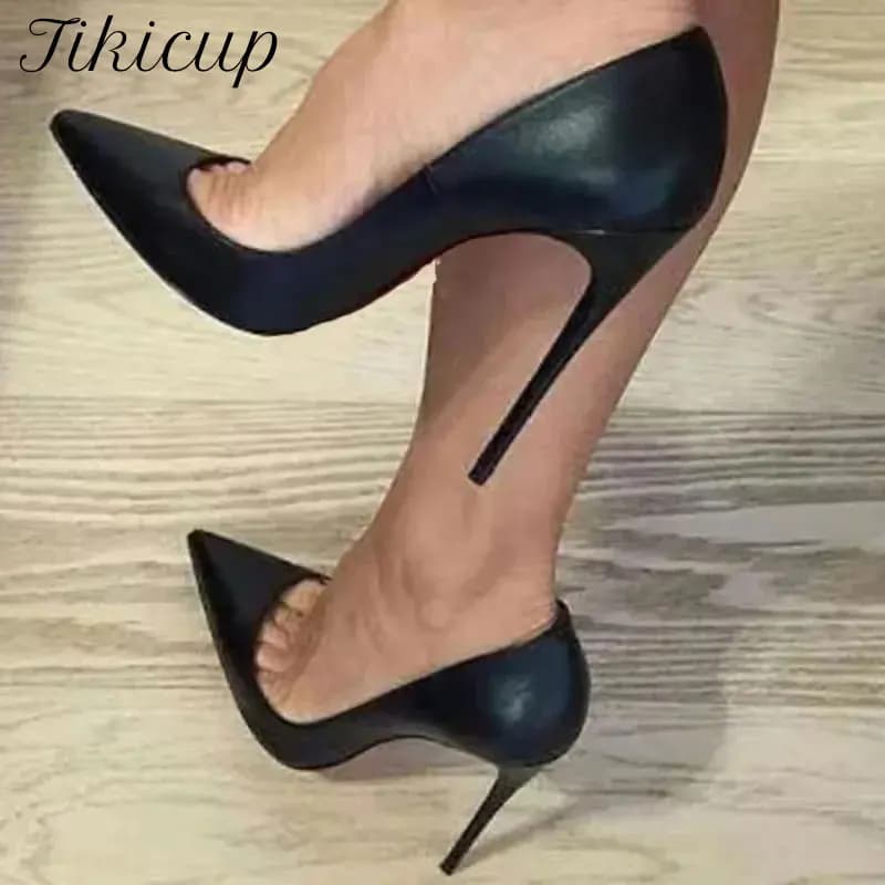 Tikicup Sexy 12/10 cm noir mat femmes bout pointu talons hauts dames élégantes Chic peu profond pompes à talons aiguilles OL chaussures habillées de mode