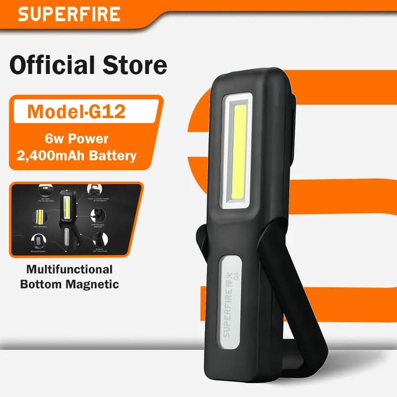 SUPERFIRE G12 nouvelle lampe de travail lampe de poche + bande lumineuse COB magnétique voiture réparation Camping batterie intégrée USB torche Rechargeable