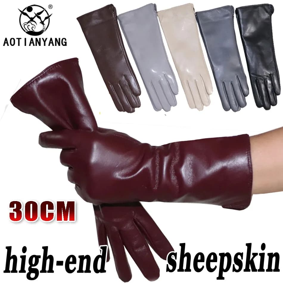 Gants en cuir pour femmes, gants en peau de mouton naturel moyen et long, doublure en flanelle chaude d'hiver, style mince et épais, gants à écran tactile en cuir de couleur longue et résistant au