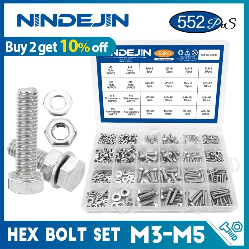 552 pièces/ensemble jeu de boulons hexagonaux externes avec écrous en acier inoxydable m3 m4 m5 m6 boulons et écrous ensemble Kit de vis à tête hexagonale pour vélo