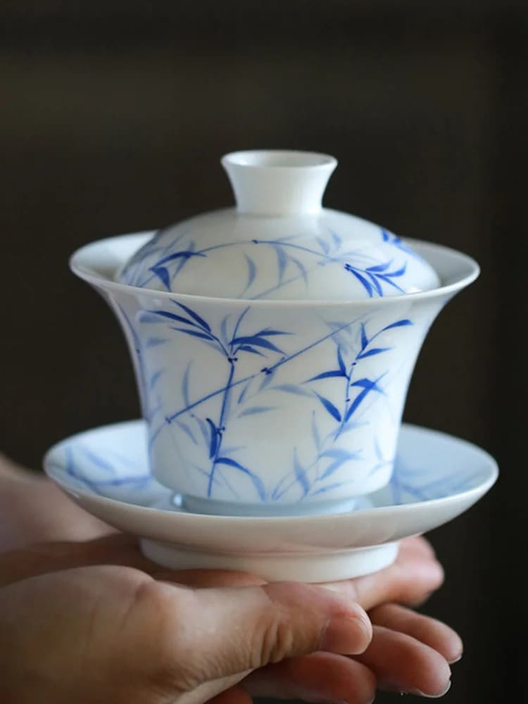 Jingdezhen – pot à thé bleu et blanc, porcelaine, bambou, peint à la main, bols, soucoupe, bouilloire, fleur, 120ml