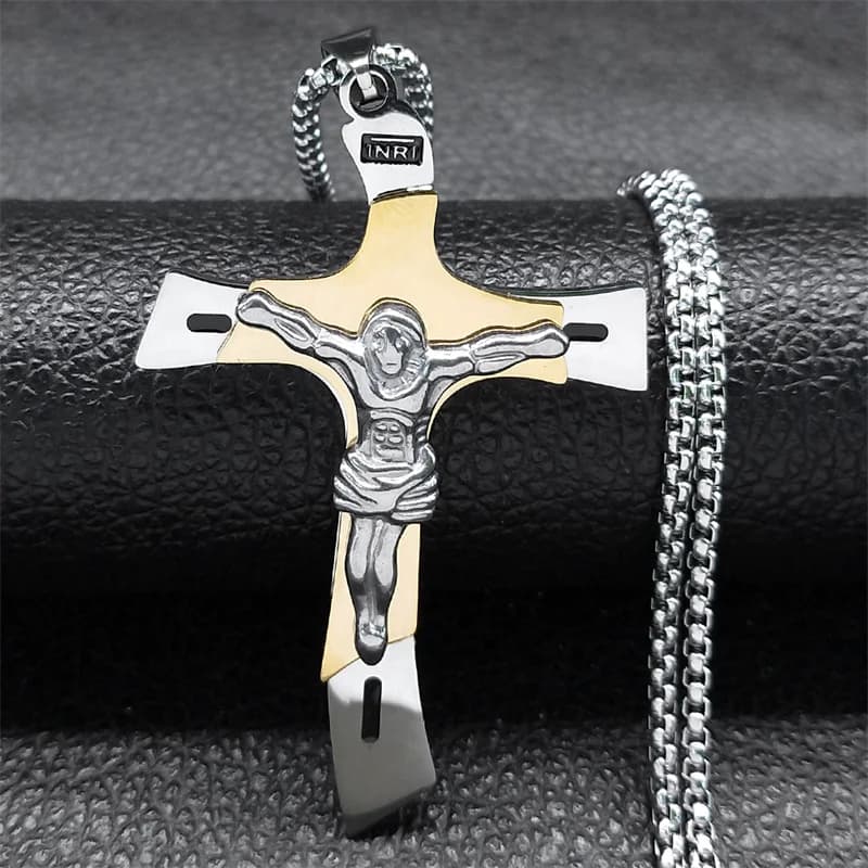 Collier pendentif multicouche en acier inoxydable avec croix de Jésus, couleur or et argent, bijoux pour homme, Collier Homme NXH43S02