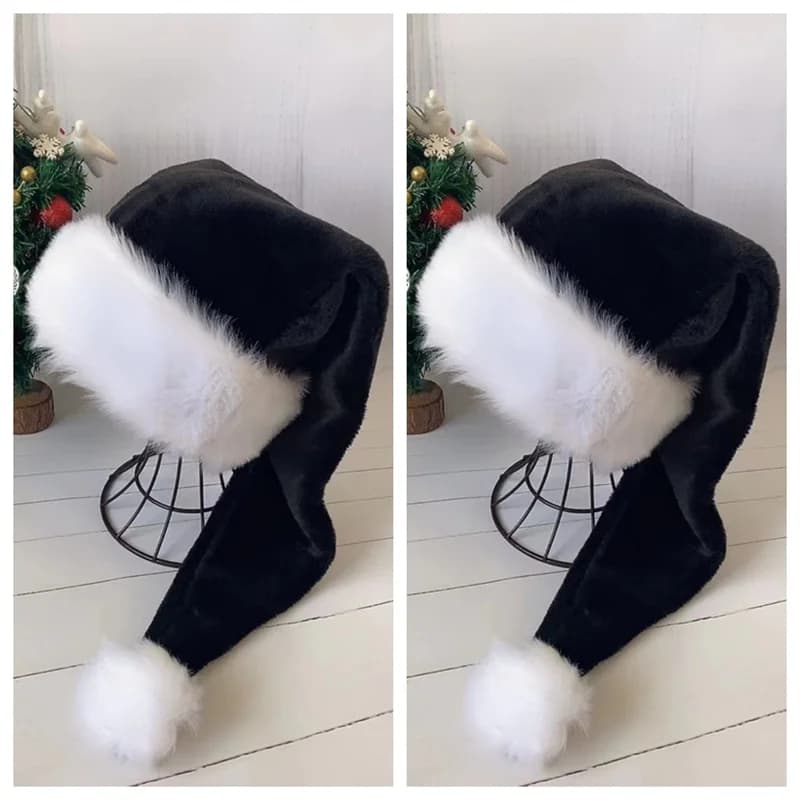 Chapeau en peluche en fourrure noire et blanche pour adultes et enfants, bonnet de Noël de haute qualité, décoration de fête à la maison, 75cm