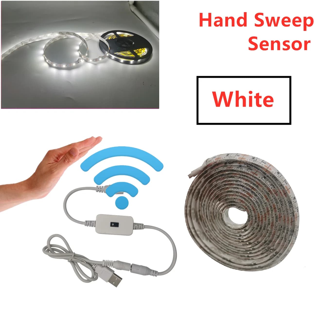 Bandes LED à capteur de balayage manuel, ruban flexible, câble USB, ruban à diode 62, lumières LED, lampe d'armoire de cuisine, 1- 5m, DC 5V