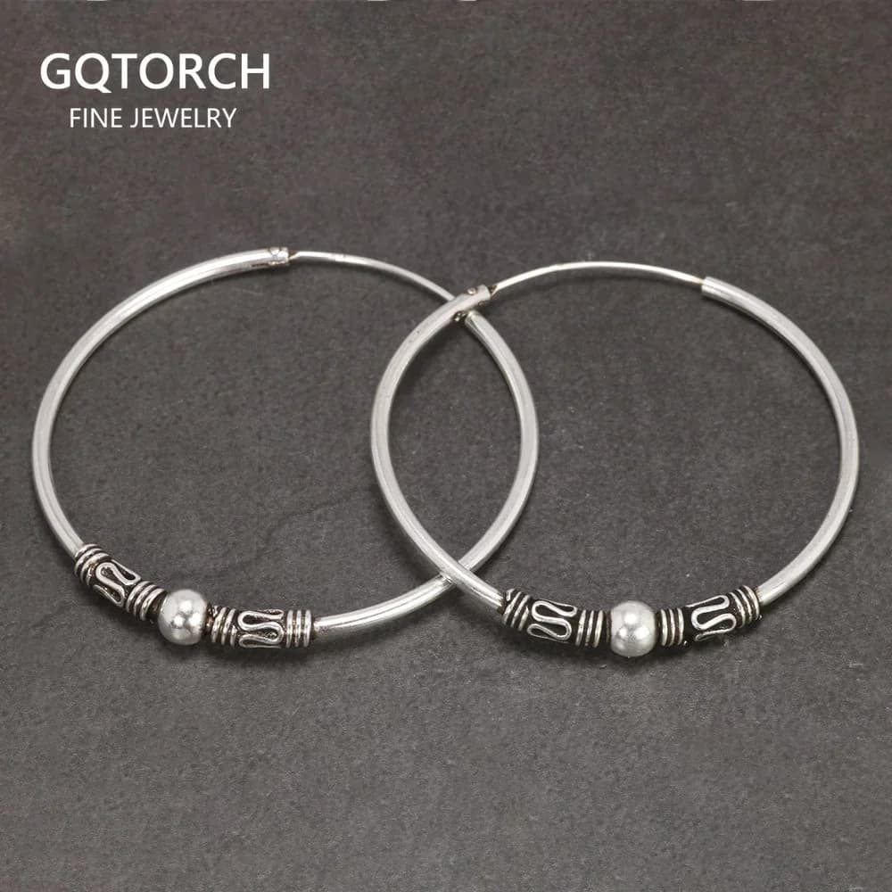Boucles d'oreilles créoles en argent Sterling 925 véritable pour femmes, cercle rond rétro Vintage, Style Antique, bijoux pour femmes, 16mm 20mm 30mm 40mm