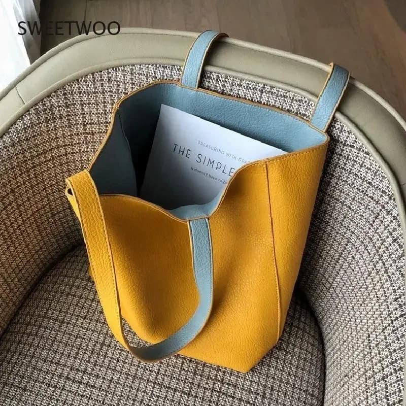 Sac à Main Double Face en Cuir PU pour Femme, Fourre-Tout de Grande Capacité, Idéal pour le Shopping, les Livres, les Étudiants