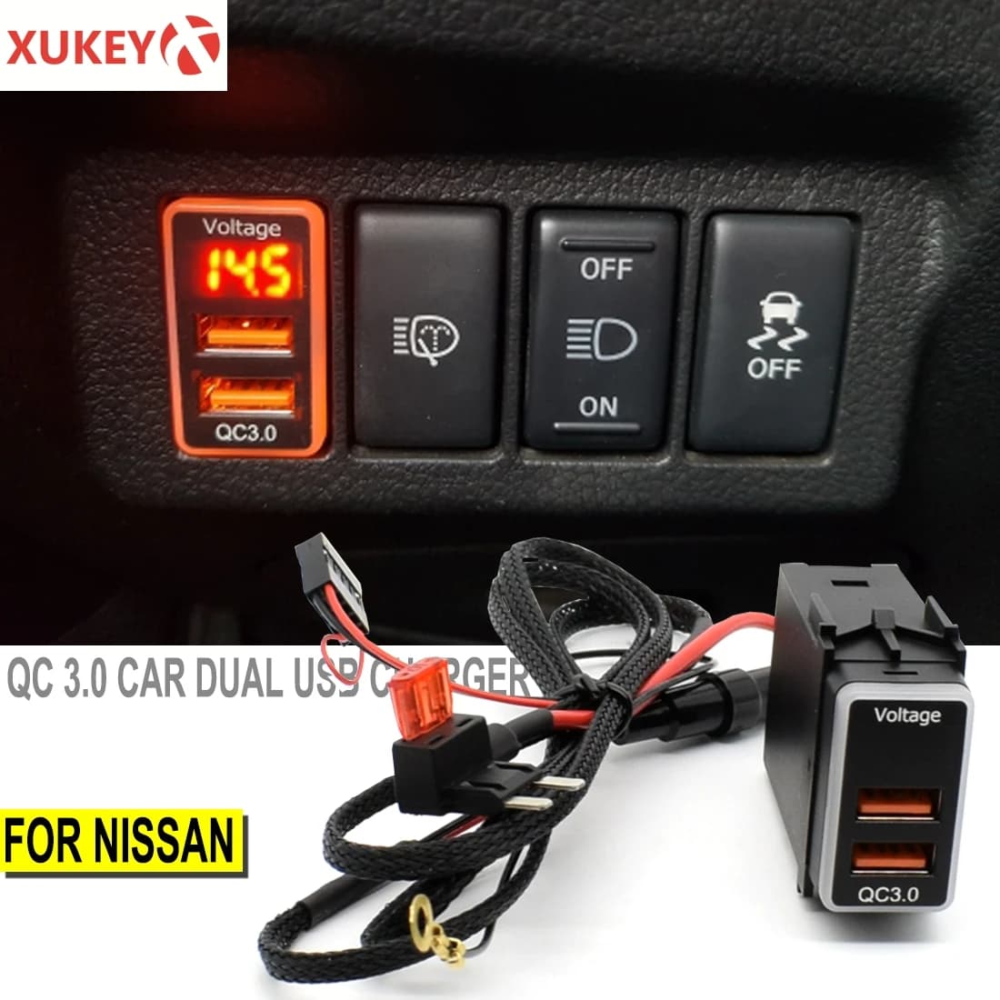 Adaptateur de chargeur rapide USB pour téléphone, câble de charge rapide pour Nissan, affichage numérique LED, accessoires de voiture pour touristes, QC 3.0, 12V