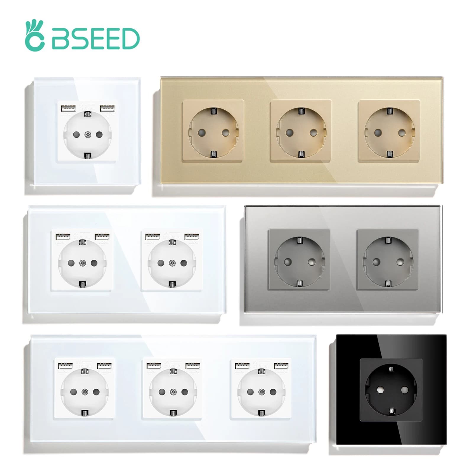 BSEED EU prises murales prises simples prises Double 5V 2.1A prise USB Charge de téléphone panneau de verre prises de courant Protection des enfants 16A