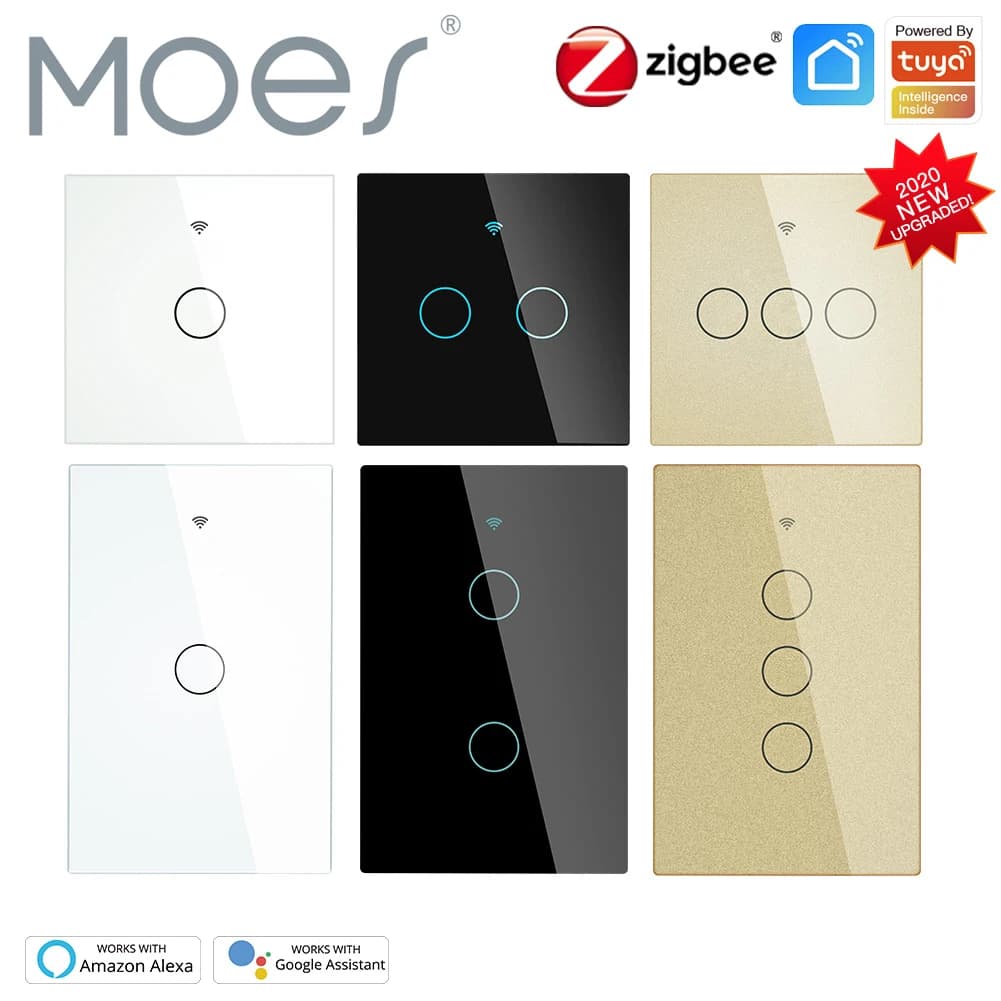 Moes ZigBee – interrupteur mural tactile intelligent, avec neutre/pas de neutre, sans condensateur, vie intelligente, fonctionne avec Alexa Google Home