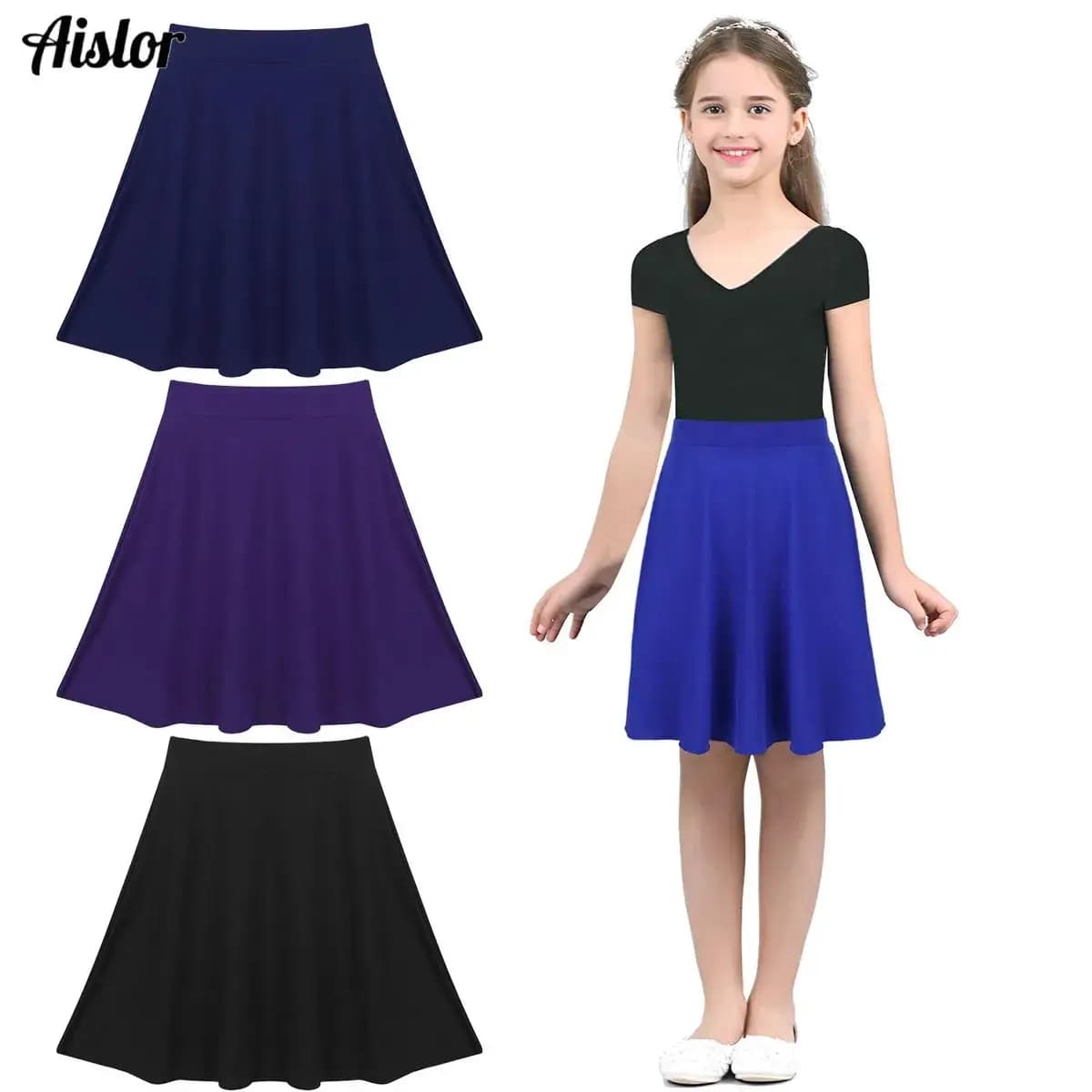 Jupe patineuse pour grandes filles, couleur unie, légère, extensible, longueur aux genoux, jupe trapèze, Costume de fête décontracté pour enfants et adolescents, jupe de danse