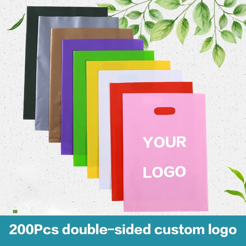 200 sacs de shopping personnalisés avec logo, sacs cadeaux plats en plastique avec impression gratuite du logo, logo monochrome sur deux faces