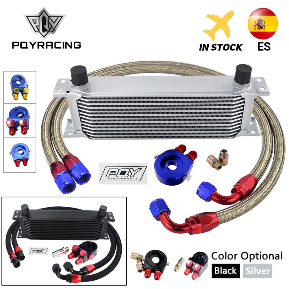 Adaptateur de SANDWICH universel | KIT de refroidisseur d'huile à 13 rangées + tuyau tressé en acier inoxydable et NYLON avec autocollant + boîte d'an10