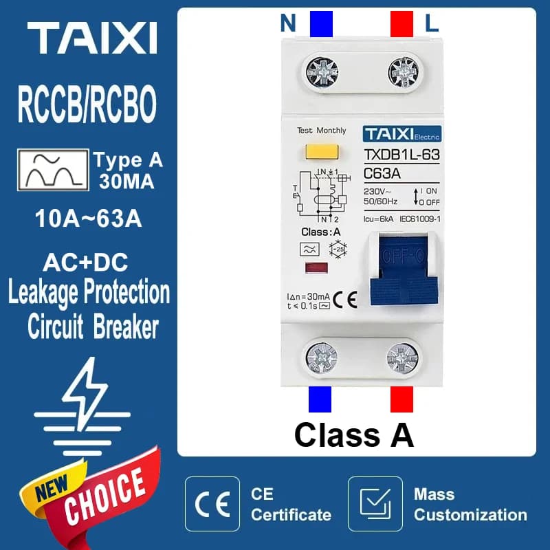 Disjoncteur à courant résiduel RCBO Type A 30mA MCB 1P + N 10A 16A 20A 32A 40A 63A, Protection contre les fuites de terre et les surcharges TAIXI