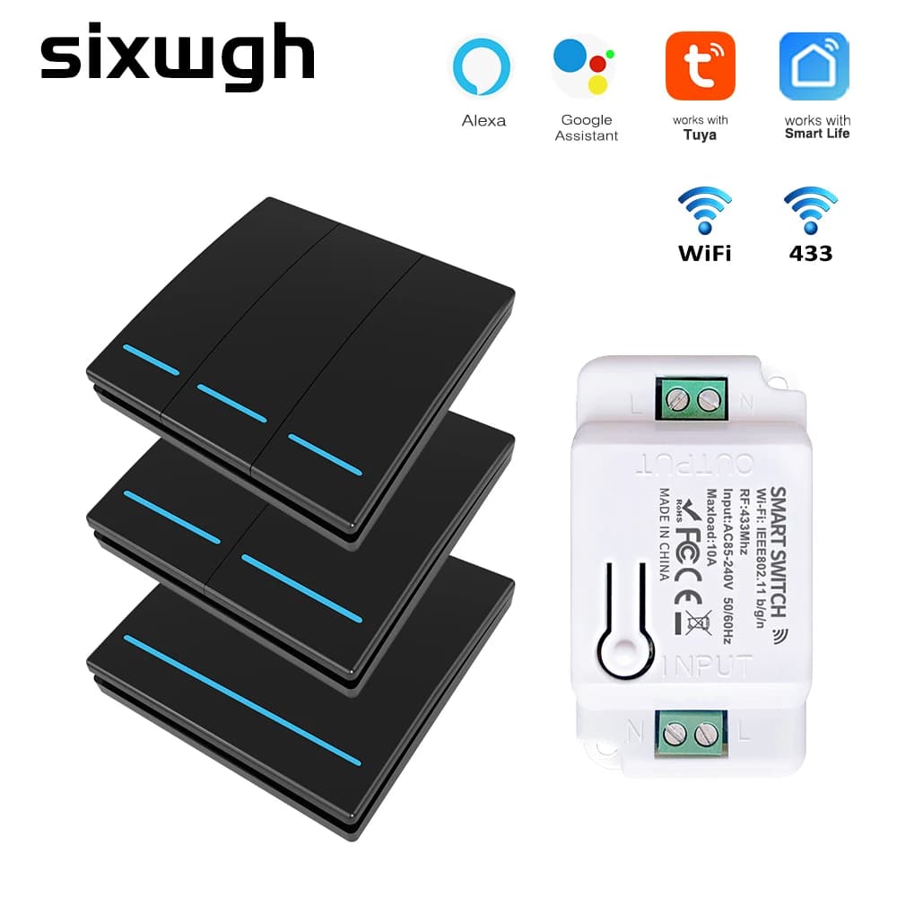 Interrupteur intelligent WiFi Tuya 1/2/3 voies, panneau à bouton-poussoir sans fil RF 433Mhz, module de minuterie amélioré compatible Google Home Alexa