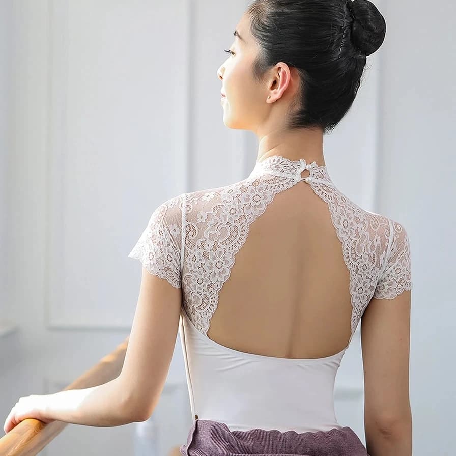 Justaucorps en dentelle pour femmes, manches courtes, Sexy, Triangle, dos nu, danse, Costume de ballerine, maillot de bain, gymnastique, vêtements