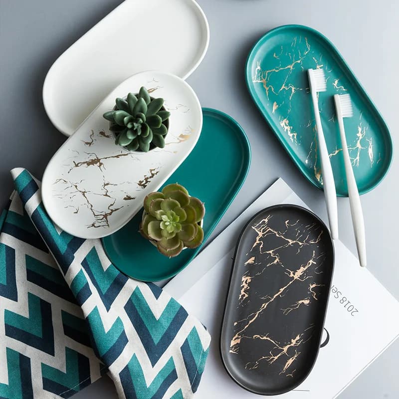 Plateau ovale en céramique et marbre, style nordique ins, plateau de rangement de bijoux, tasse de salle de bains, accessoires de décoration de bain, porte-savon vague dorée WF