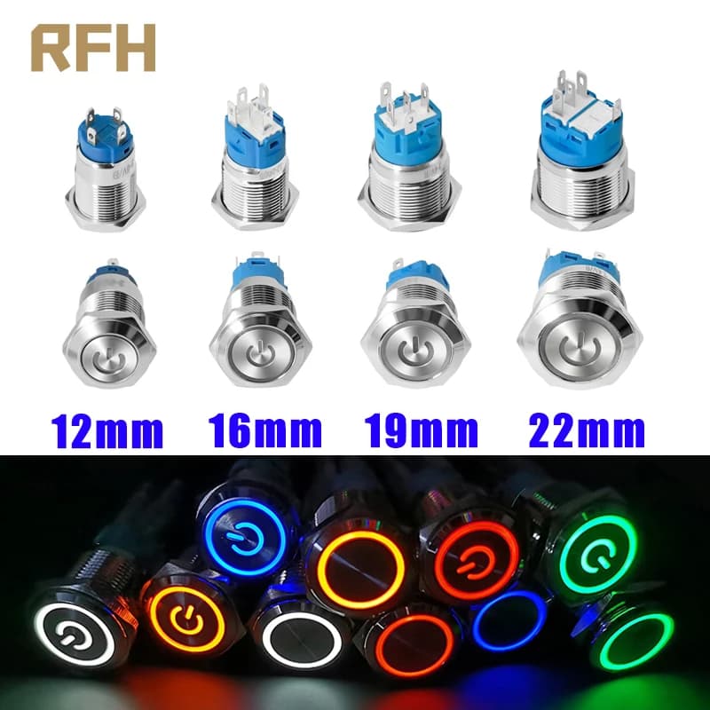 Joli à bouton-poussoir en métal étanche, lumière LED, auto-verrouillage, bouton d'alimentation plat, 12mm, 16mm, 19mm, 22mm, 3 V, 6V, 12 V, 24V, 220V