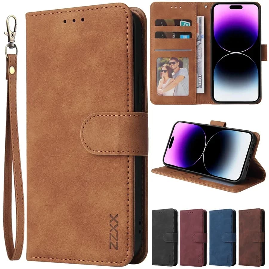 Étui portefeuille en cuir ZZXX pour iPhone 17e 16 Pro Max 15 14 13 Mini 12 11 X XS XR SE2 8 7 6s Plus avec fentes pour cartes et support rabattable