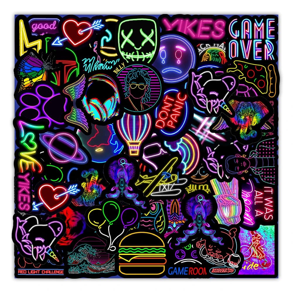 Autocollants Graffiti dessin animé néon pour enfant, étiquette de voiture, guitare, moto, valise, jouet classique, DIY bricolage, 10/30/50 pièces