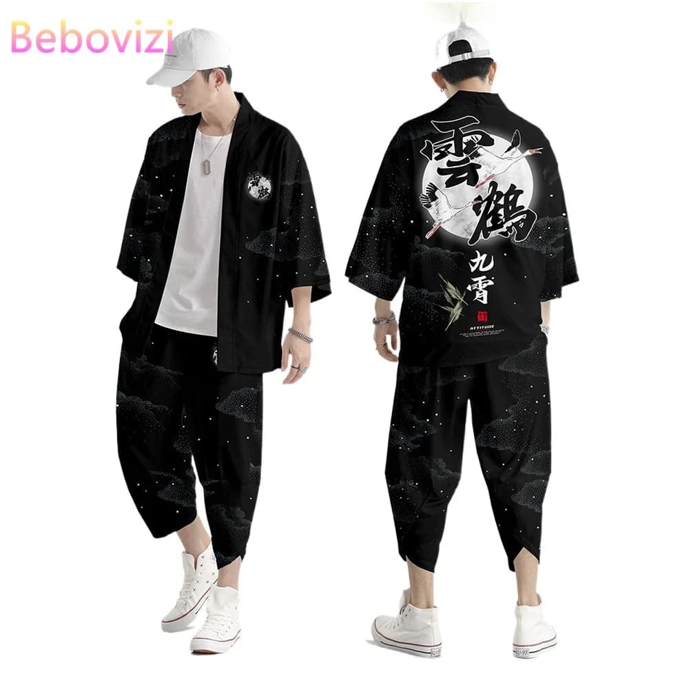 Ensemble Deux Pièces Style Harajuku Japonais pour Homme et Femme Vêtement Ample, Yukata, Samouraï, Kimono et Pantalon, Cardigan, Grande Taille S-6XL
