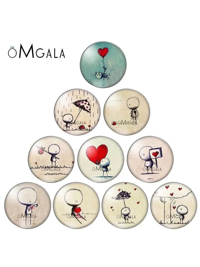 Dessins simples de marionnette et de cœur d'amour, photo ronde, cabochon en verre, démonstration, dos plat, résultats exécutifs, 10 pièces, 12mm, 18mm, 20mm, 25mm