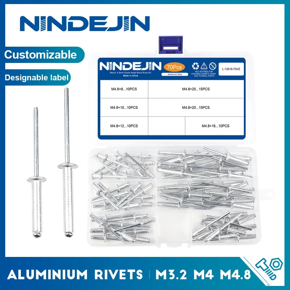 NINDEJIN Kit de Rivets aveugles en aluminium M3.2 M4 M4.8 tête de dôme Kit d'assortiment de Rivets Pop en aluminium ensemble de Rivets d'échappement
