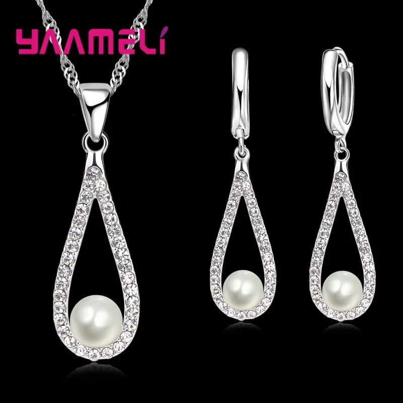 Pur 925 argent Sterling brillant CZ cristal goutte d'eau perle colliers pendentif chaîne boucles d'oreilles femme Fine mariage ensemble de bijoux cadeau