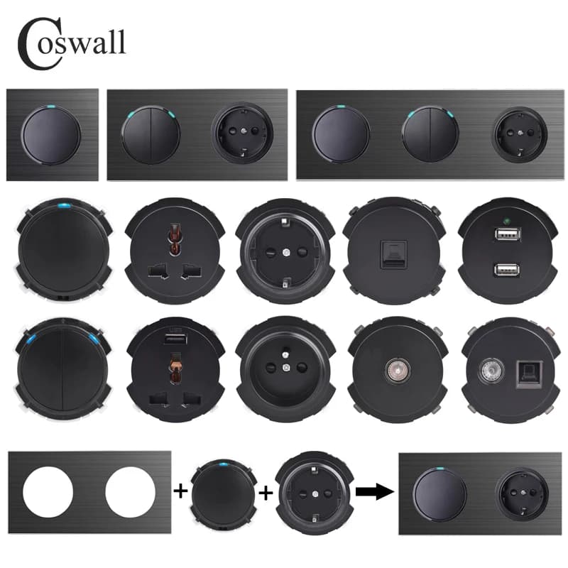 COSWALL-Joli Mural R12 avec Panneau en Aluminium Noir, Prise UE Française, Chargeur USB Femelle TV RJ45 CAT6