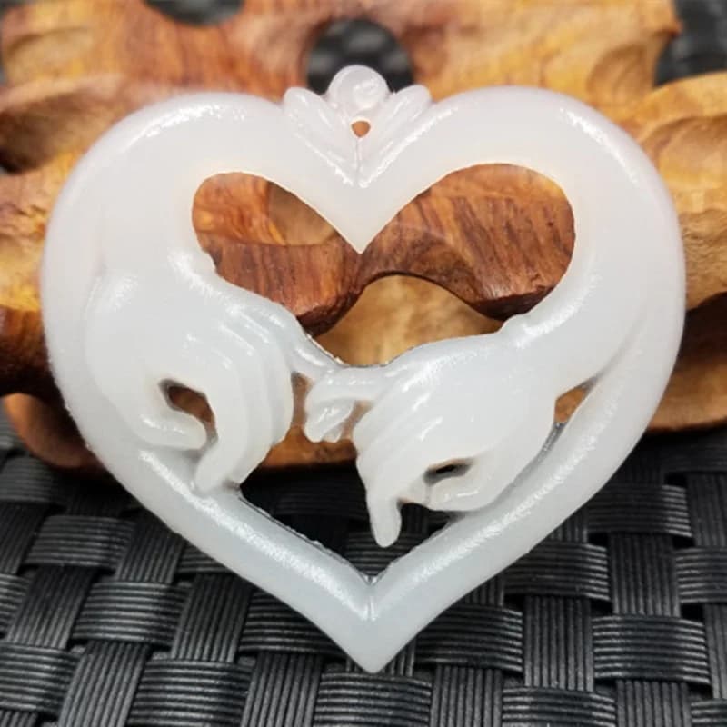 Pendentif d'amour sculpté à la main en Jade blanc naturel chinois, bijoux à la mode, les Couples restent ensemble toute une vie, collier, cadeau populaire