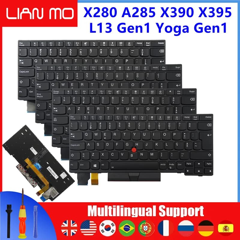 Clavier arabe, néerlandais, hébreu, nordique, latin, espagnol, italien pour Lenovo ThinkPad X280 A285 X390 X395 L13 Gen1/YOGA GEN1 S2 5ème génération