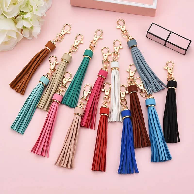 Porte-clés de luxe en cuir PU, 5 pièces, Long, pompon, anneau, frange, accessoires de décoration, rideau, sac, pompon, accessoires de couture