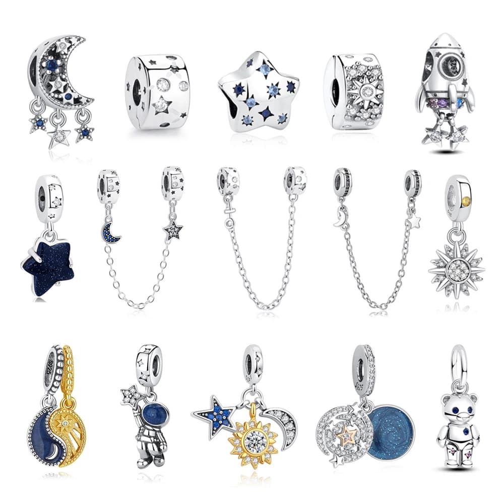 Nouveau Original 925 breloques en argent Sterling étoile lune bleu cristal perles de verre ajustement marque Bracelets colliers bijoux pour les femmes