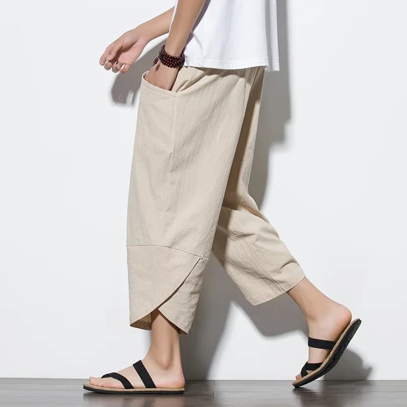 Pantalon sarouel en coton et lin pour hommes, Style chinois, Streetwear, respirant, plage, décontracté, longueur mollet, été, 2024
