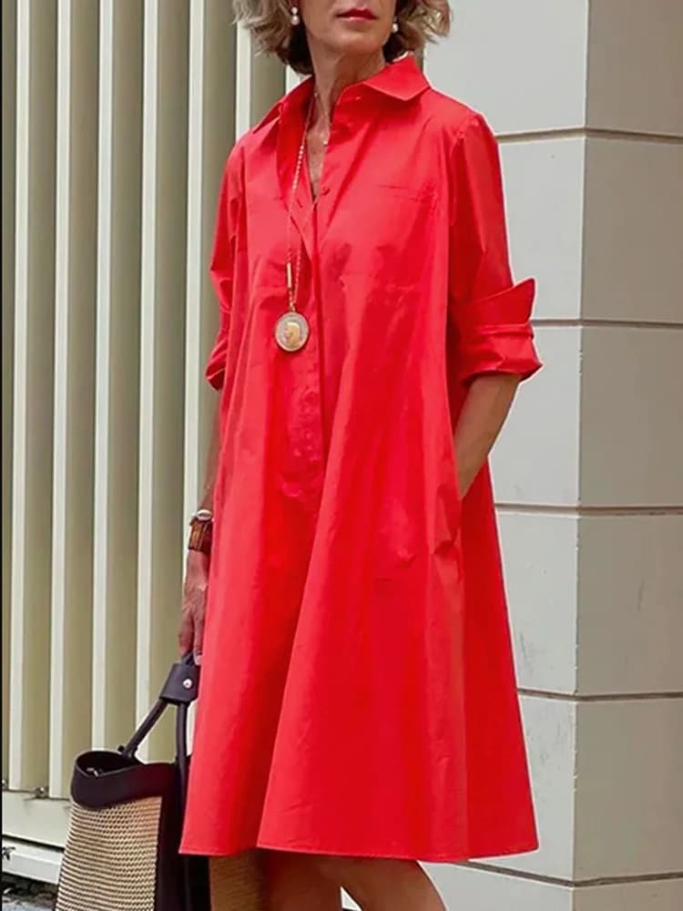 Robe chemise à poches pour femmes, décontractée, couleur unie, élégante, col rabattu, tenue de bureau, manches longues, ample, automne