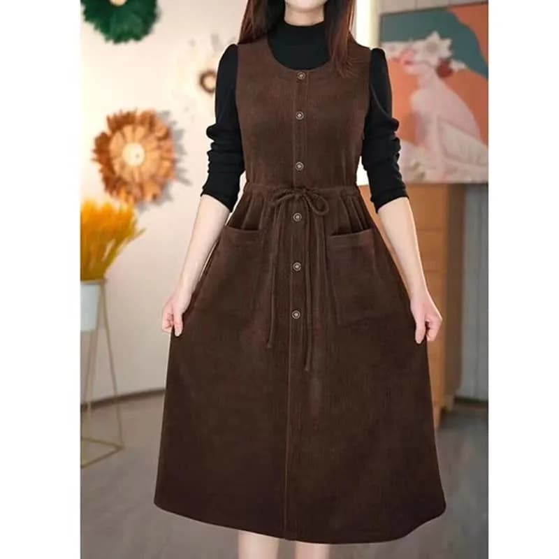 Faux robe deux pièces en velours côtelé pour femme, tenue élégante, plissée, taille Slim, rétro, genou, mi-longue, hiver 2024