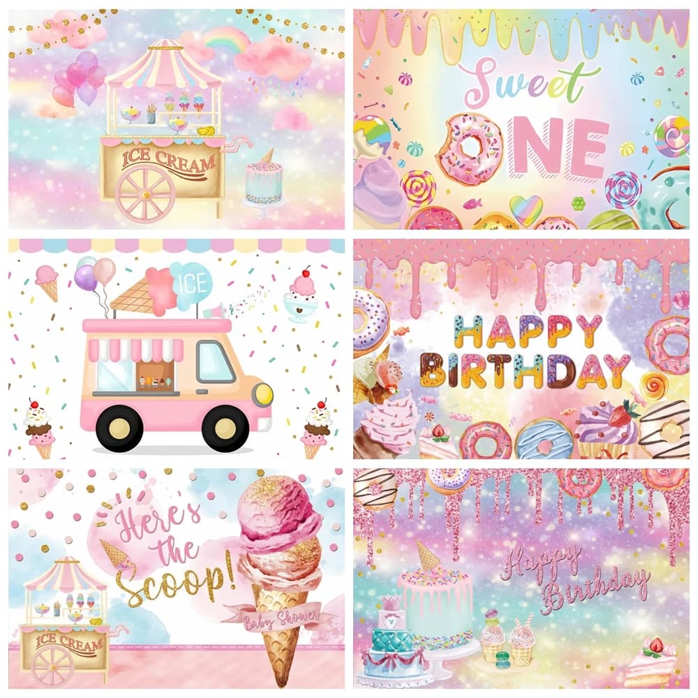 Bar à bonbons, arrière-plan pour réception-cadeau pour bébé, anniversaire, crème glacée, voiture, beignets, sucette, arrière-plan pour Photo de fête, décor de Table à gâteau, accessoires de