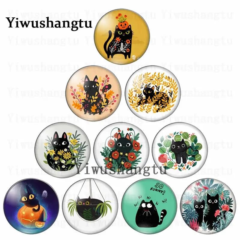 Chat noir fleurs et herbe beaux animaux 12mm/20mm/25mm/30mm photo ronde cabochon en verre démo dos plat résultats de fabrication