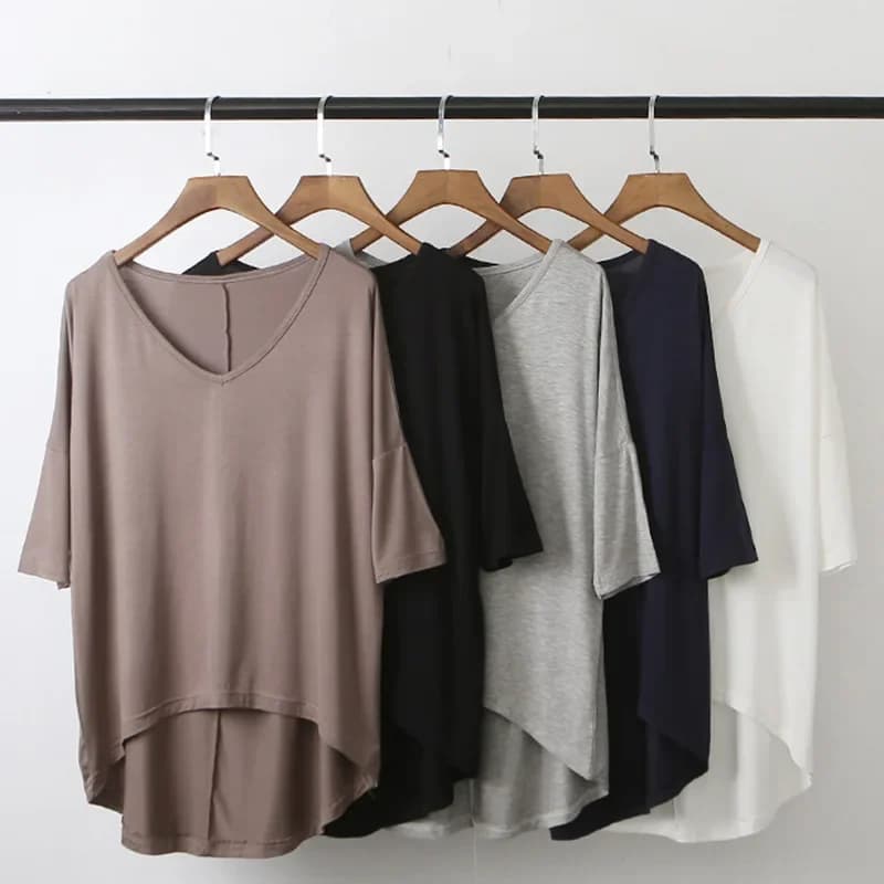 Hauts à la mode t-shirts 2024 été T-shirt femmes demi-manches solide chemise ample col en v surdimensionné basique t-shirts pour femmes décontracté