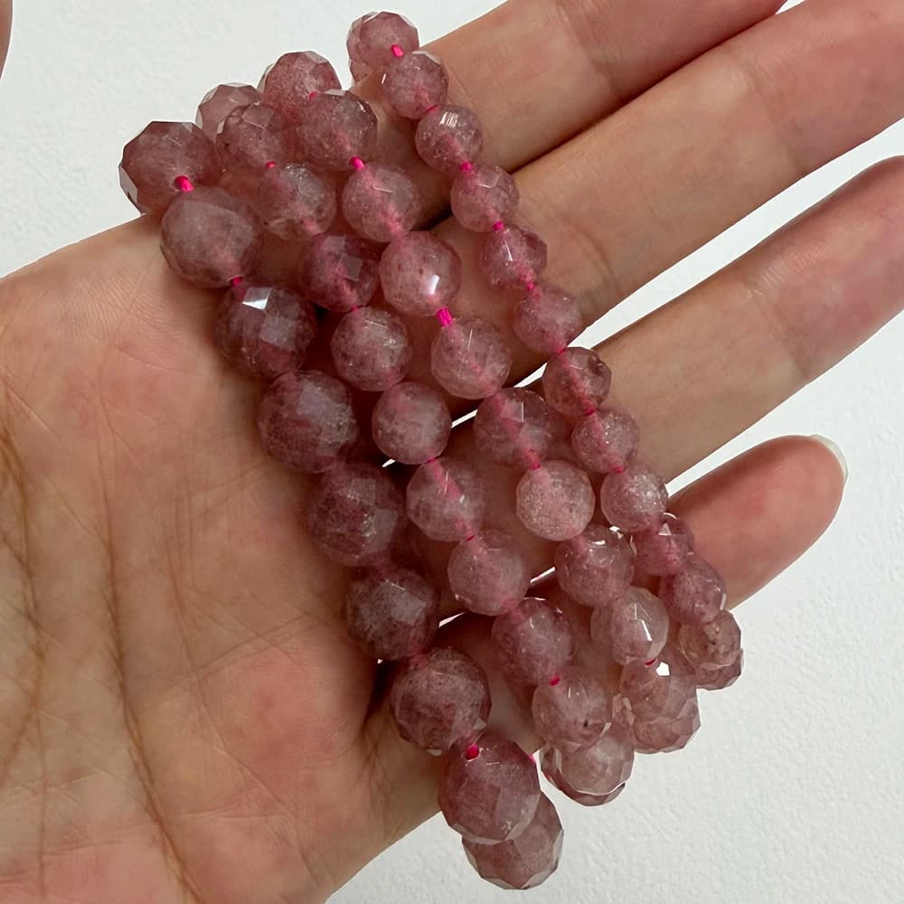 Perles rondes en quartz fraise de qualité AA, taillées en diamant, pierres semi-précieuses, 7 pouces, 6, 8, 10 mm