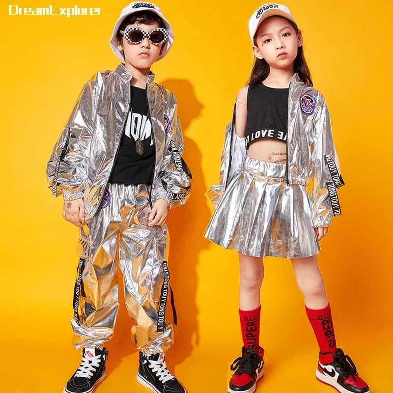 Veste argentée Hip Hop pour garçons et filles, pantalon de jogging Jazz, Mini jupe de danse de rue, ensembles de vêtements pour enfants, Costumes à paillettes, Streetwear pour enfants