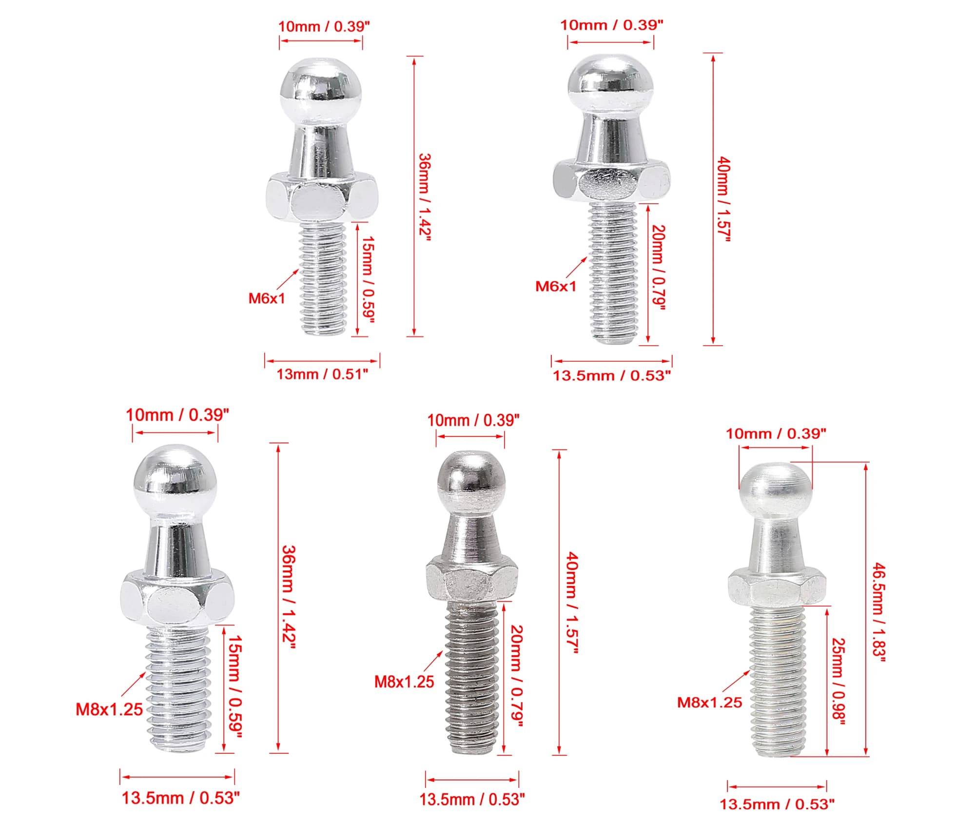X Autohaux 10mm M8x15mm M8x20mm M8x25mm M6x15mm M6x20mm goujons à bille de jambe de force à gaz de voiture ton argent pour amortisseurs à gaz amortisseurs 2 ensembles 4 ensembles
