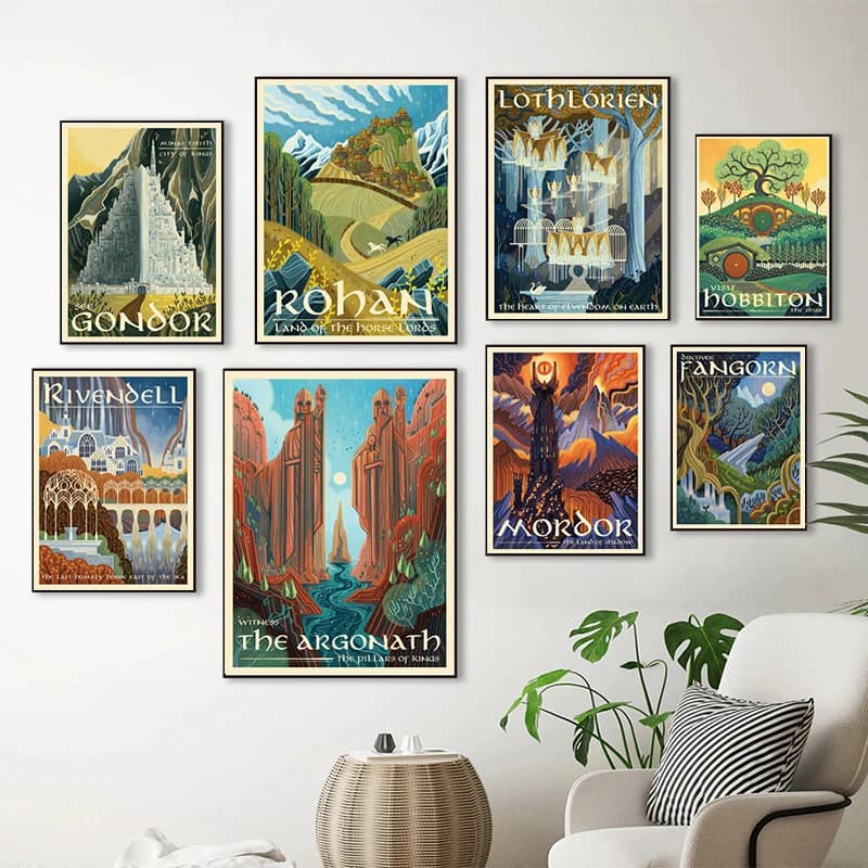 Tolkien – toile d'art mural, peinture de paysage de la terre du milieu, affiches et imprimés LOTR, images murales, cadeau de voyage, décoration de maison pour salon