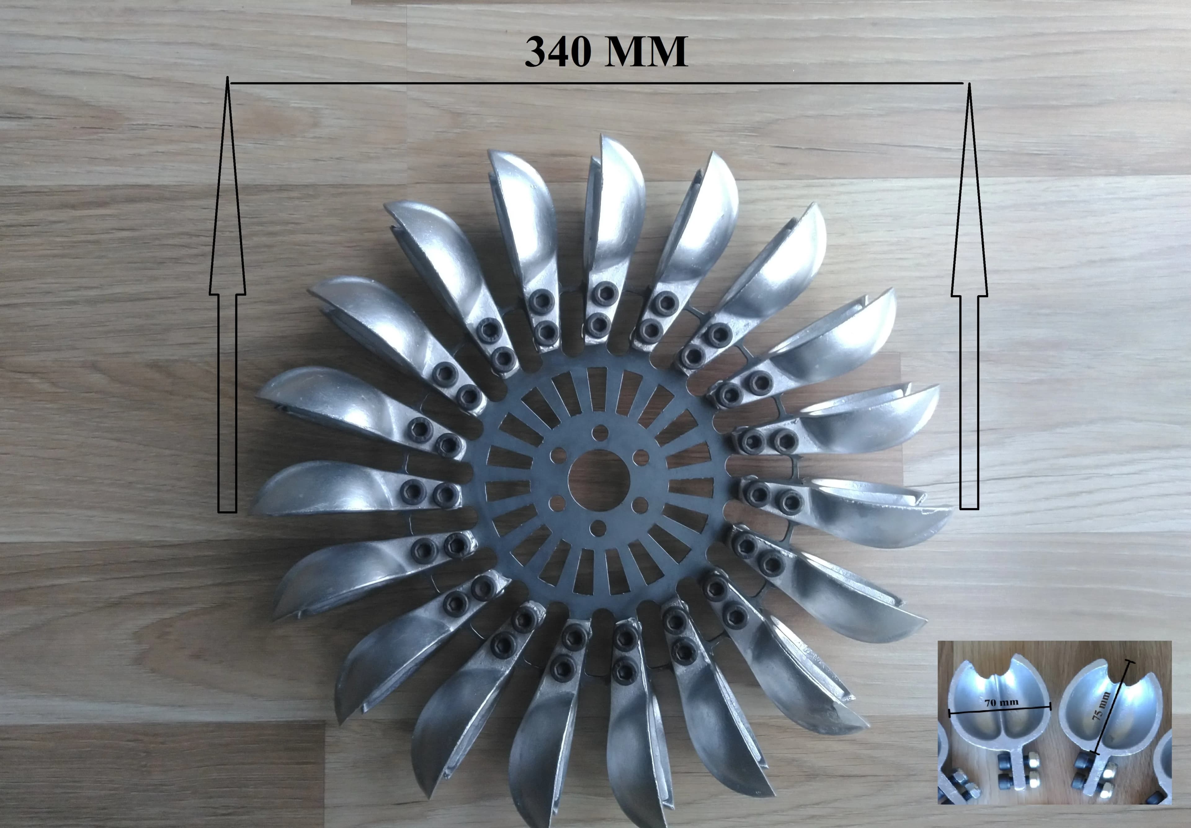 Roue de turbine Pelton avec 19 cuillères en aluminium, 340mm, 13.39 po