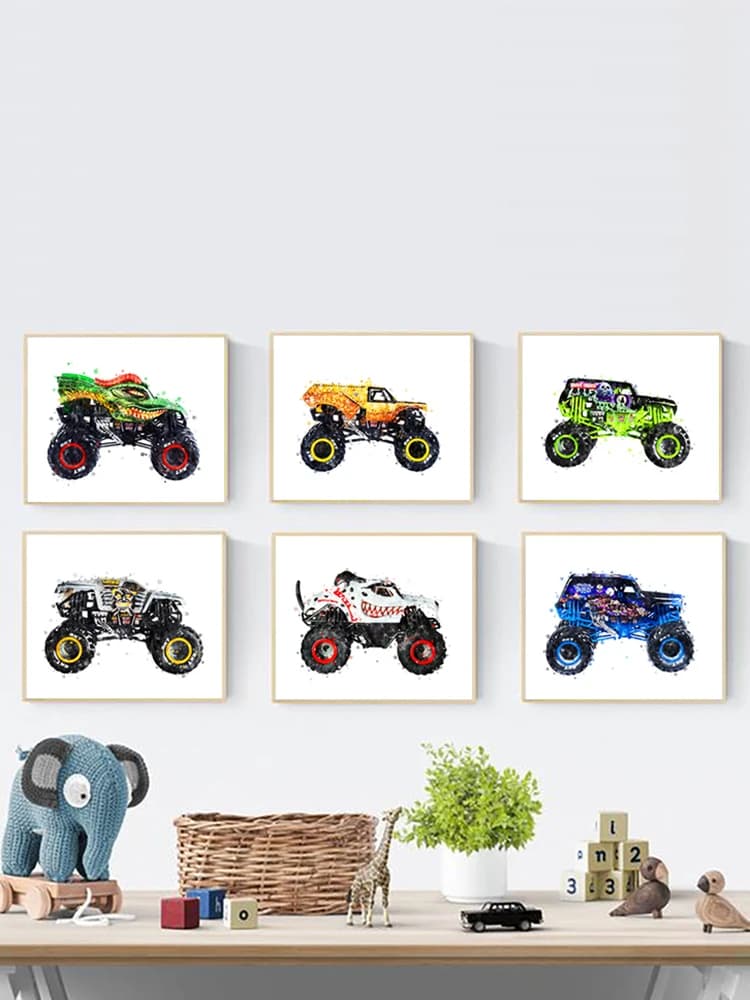 Peinture d'art aquarelle de dessin animé Monster Truck, toile imprimée, affiches nordiques modernes, cadeaux pour garçons, décoration de chambre d'enfants, images