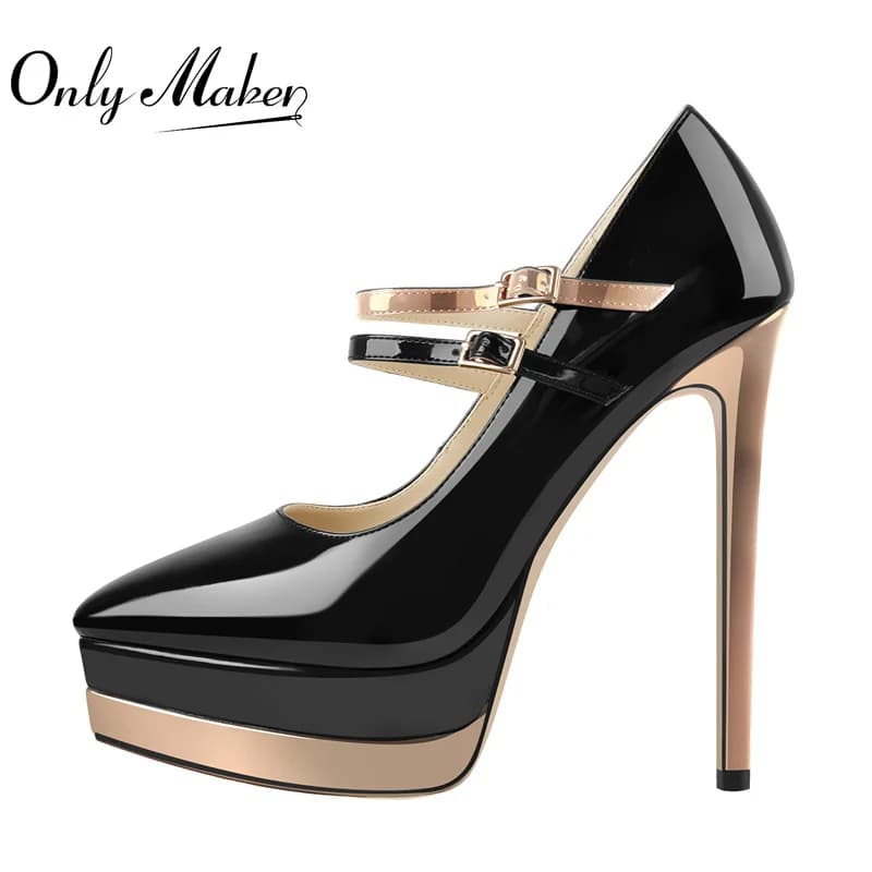 Onlymaker – escarpins à plateforme en cuir verni pour femmes, chaussures Mary Janes à talons hauts et bout pointu, peu profondes, Double boucle, grande taille