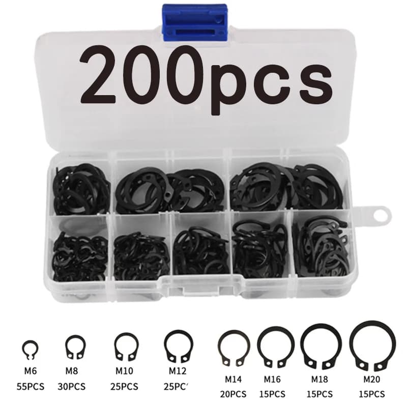 200 pièces rondelles à clip C Circlips de retenue externes internes rondelles d'anneau de retenue à pression Kit d'assortiment de joints en acier au carbone M6-M20