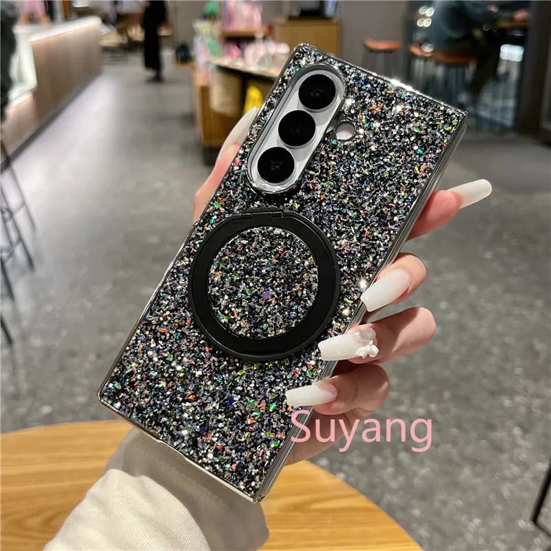 Magnetic Holder Kickstand Plating Bling Glitter Phone Case For Samsung Galaxy Z Fold 7 5G 6 5 4 3 Fold7 Fold6 Protect