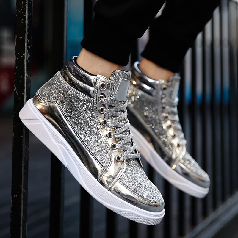 Spring And Autumn Men's Shoes, High-top Sneakers, Men's Korean Style Trendy Casual Shoes, Nightclub Glossy Trendy Shoes, Patent Leather Social Guys 48